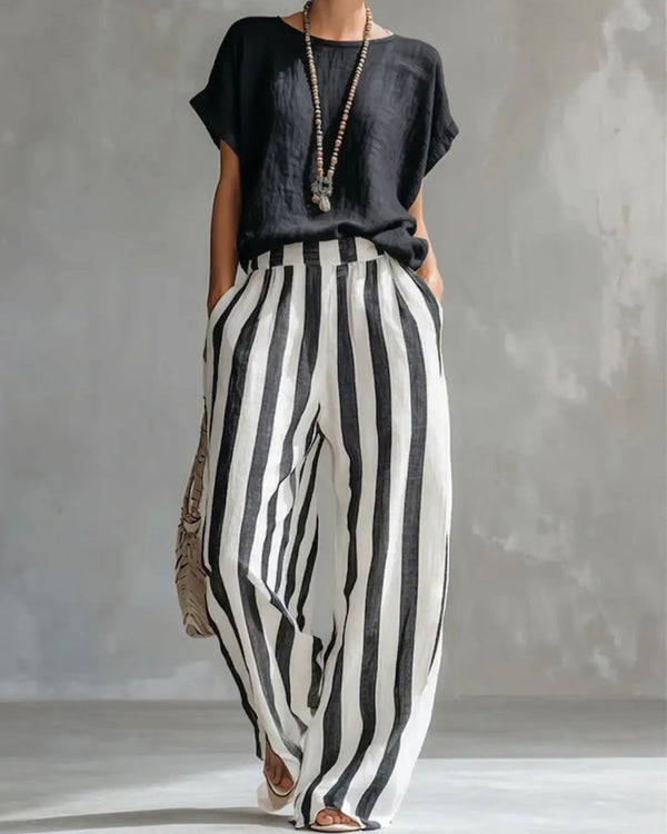 Curvvvy® Cozy Loose-fit Striped Cotton-linen Two-piece Set