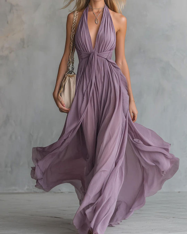 Curvvvy® Deep V Halter Maxi Dress Cinched Waist Flowing Skirt Elegant Evening & Vacation Dress