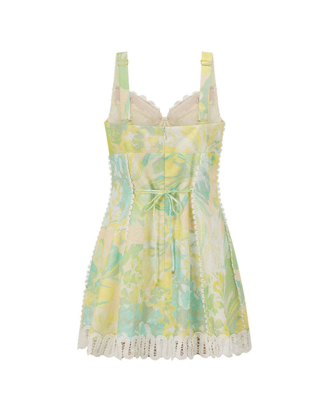 Curvvvy® Floral Print Crochet Zig Zag Trim Back Lace-up Mini Dress
