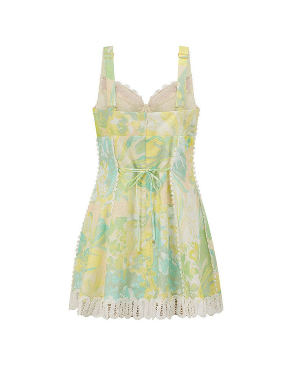 Curvvvy® Floral Print Crochet Zig Zag Trim Back Lace-up Mini Dress