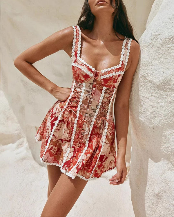 Curvvvy® Vintage Cottagecore Red Floral Corset Lace-Up Mini Dress Button Front Lace Trim