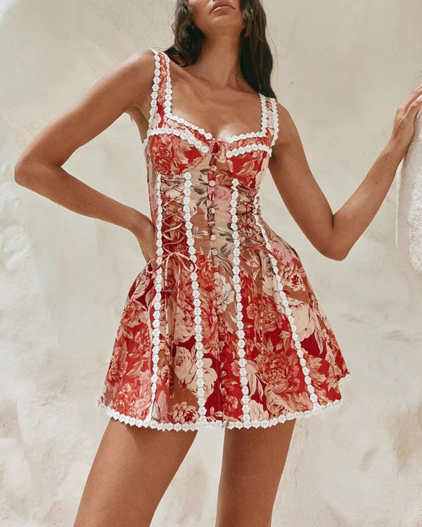Curvvvy® Vintage Cottagecore Red Floral Corset Lace-Up Mini Dress Button Front Lace Trim