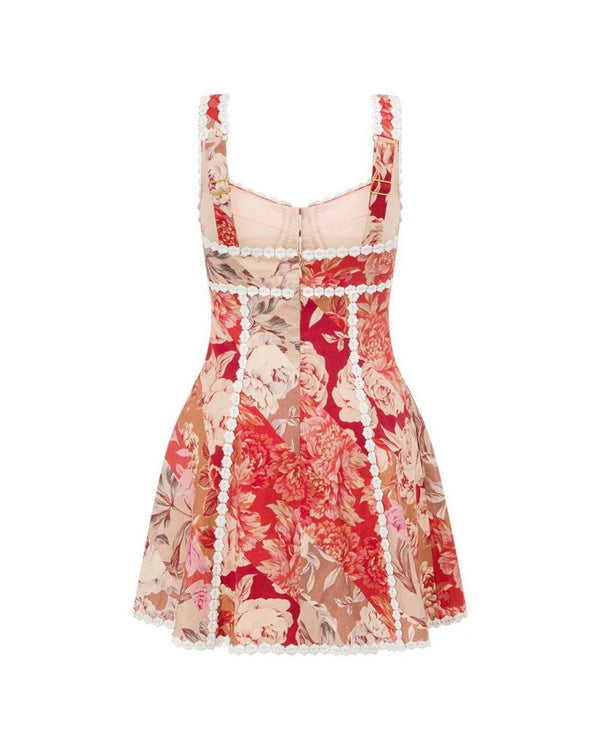 Curvvvy® Vintage Cottagecore Red Floral Corset Lace-Up Mini Dress Button Front Lace Trim