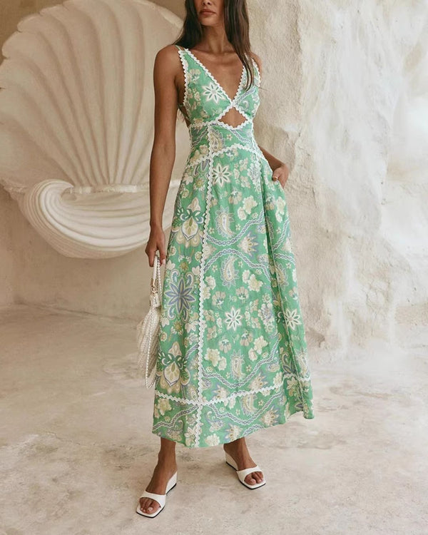 Curvvvy® Mint Green Heritage Print Linen Maxi Dress Low Back Strappy Detail Ric Rac Trim
