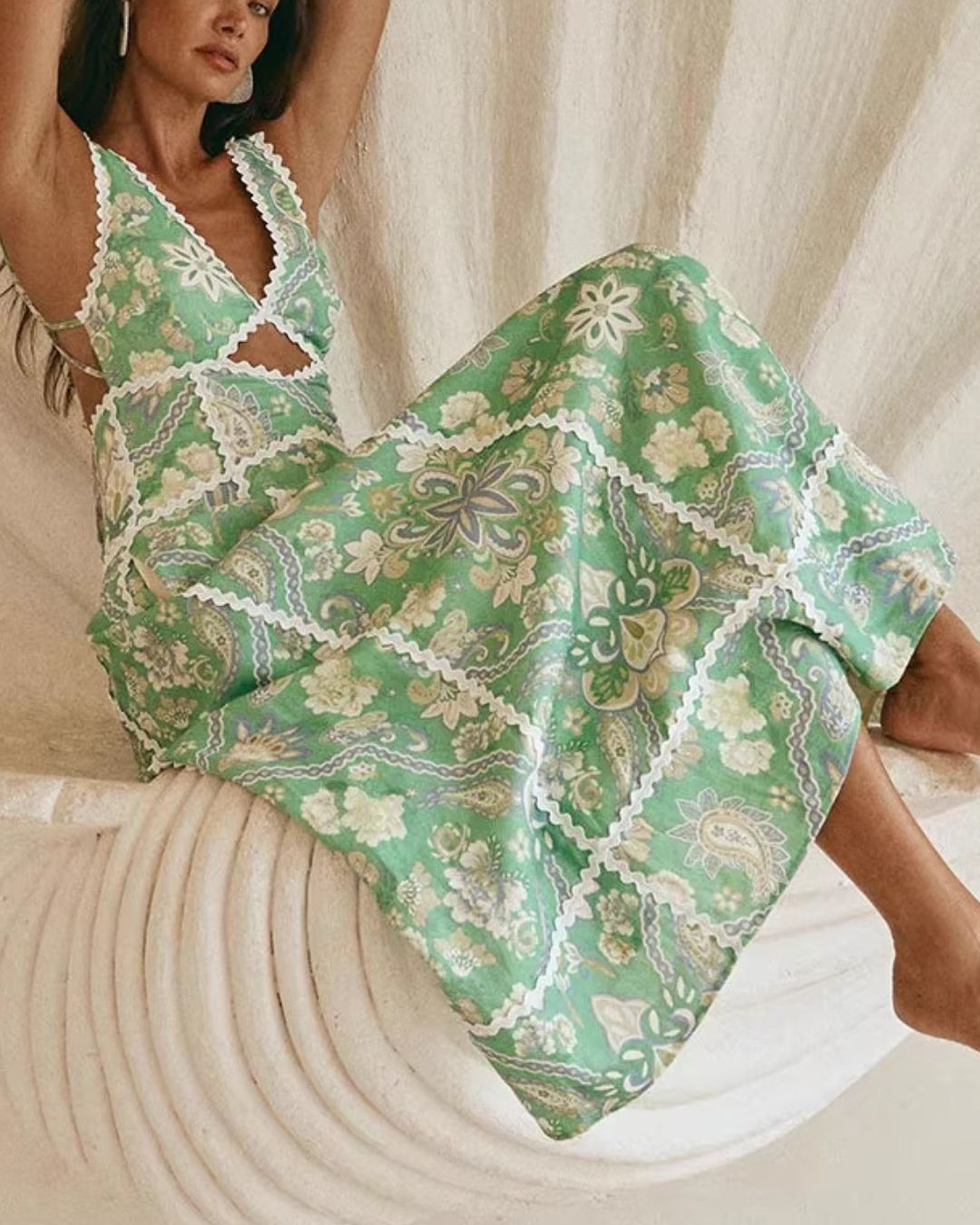 Curvvvy® Mint Green Heritage Print Linen Maxi Dress Low Back Strappy Detail Ric Rac Trim