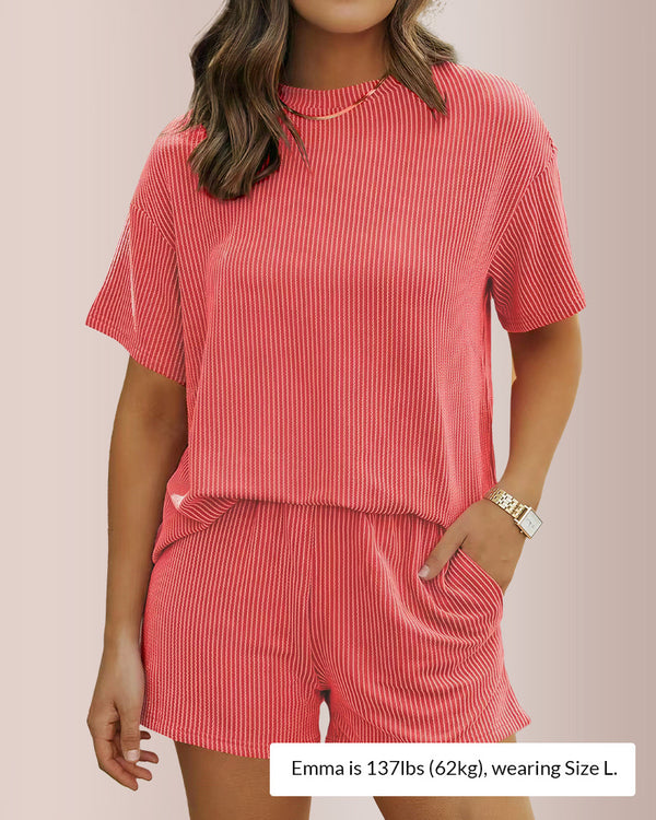 Curvvvy® Ribbed Knit 2-Piece Lounge Set Short Sleeve Top & Shorts