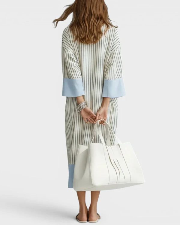 Curvvvy® Elegant Striped Midi Dress Deep V-Neck Contrast Cuff Flowy Relaxed Fit Summer Dress