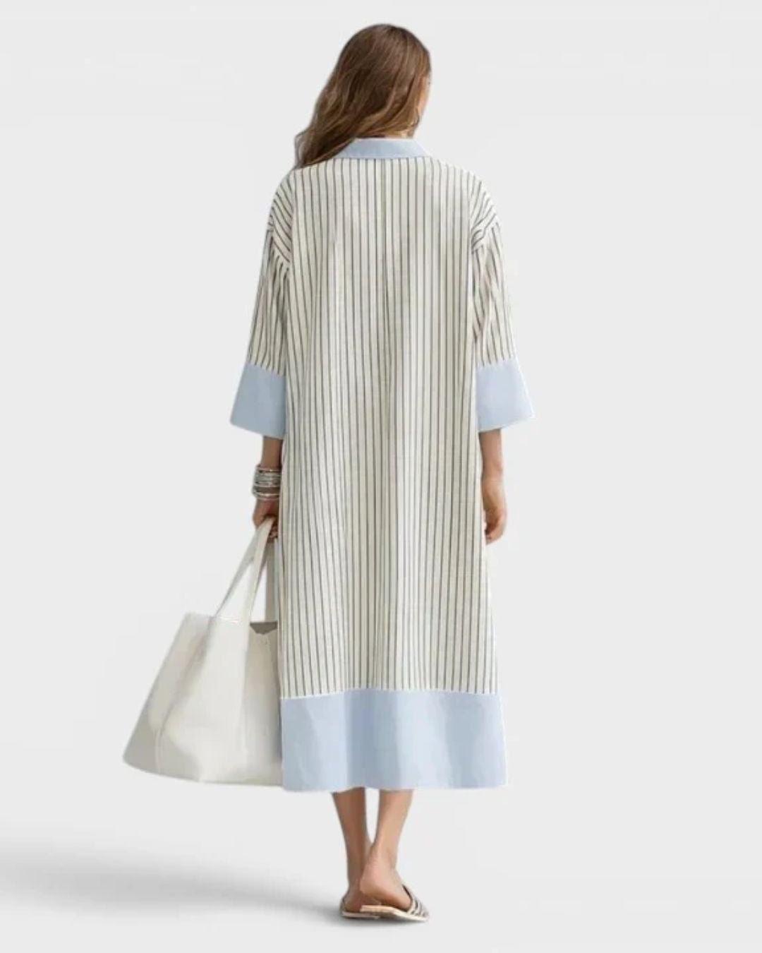 Curvvvy® Elegant Striped Midi Dress Deep V-Neck Contrast Cuff Flowy Relaxed Fit Summer Dress