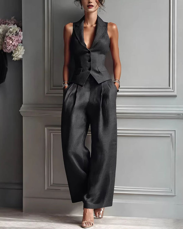 Curvvvy® Tailored Waistcoat and Pleated Wide Leg Pants Set Structured Two-Piece Elegant Work Outfit