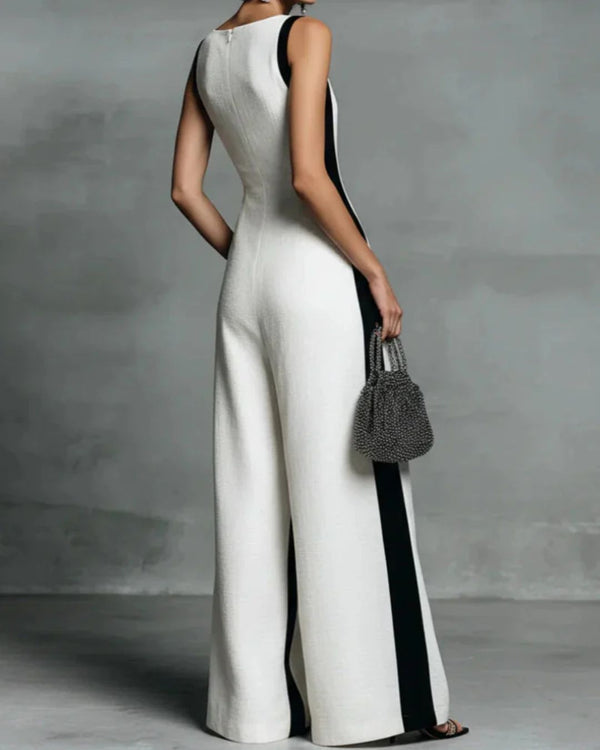 Curvvvy® Monochrome Stripe Jumpsuit Deep V-Neck Wide Leg Elegant Tailored Outfit