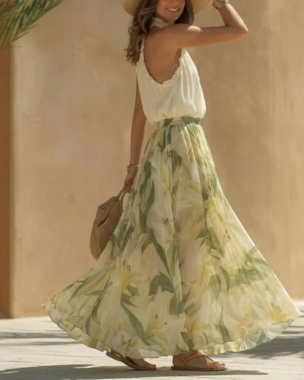 Curvvvy® Solange Halter Neck Blouse and Floral Wide Leg Pants Set Boho Chiffon Two-Piece Outfit