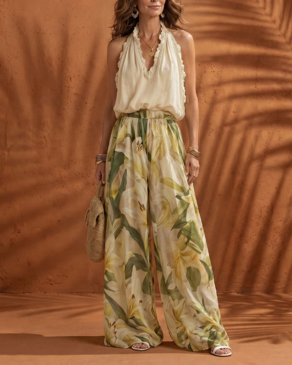 Curvvvy® Solange Halter Neck Blouse and Floral Wide Leg Pants Set Boho Chiffon Two-Piece Outfit