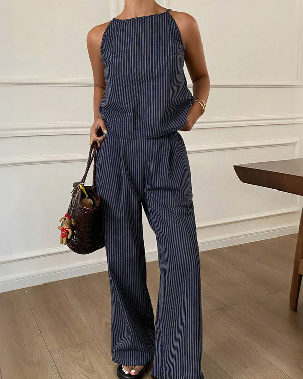 Curvvvy® Minimalist Striped Drawstring Halter Top & Wide Leg Pants Set
