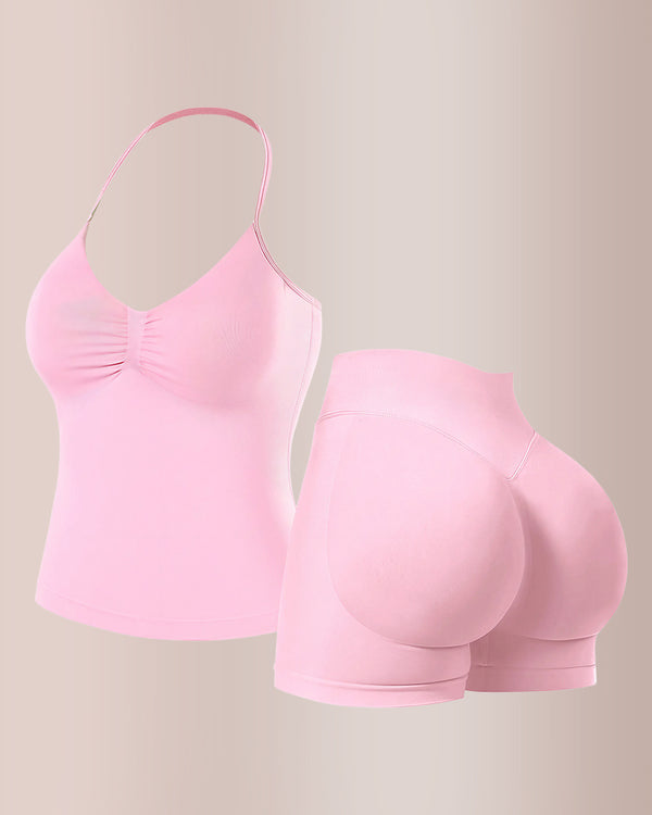 Curvvvy® Halter Neck Seamless Activewear Set with Built-in Bra & Scrunch Shorts