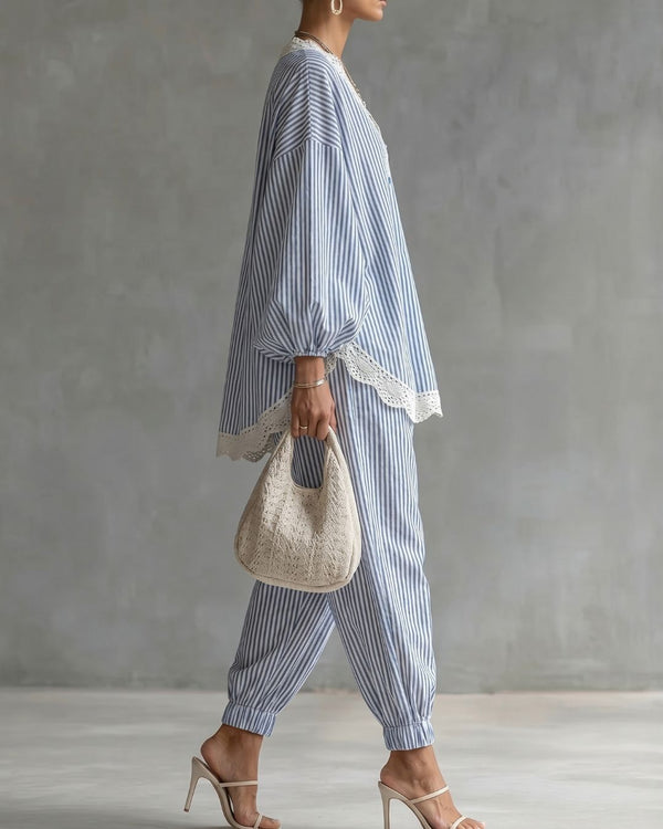 Curvvvy® Striped Lace Trim Oversized Two-Piece Set Boho Coastal Chic Outfit