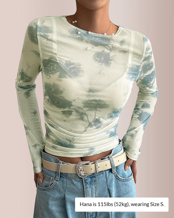 Curvvvy® Y2K Sheer Floral Mesh Ruched Long Sleeve Crop Top