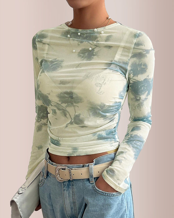 Curvvvy® Y2K Sheer Floral Mesh Ruched Long Sleeve Crop Top