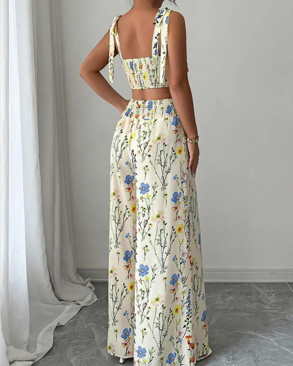 Curvvvy® Summer Bloom Tie-Strap Crop Top & Wide Leg Pant Set
