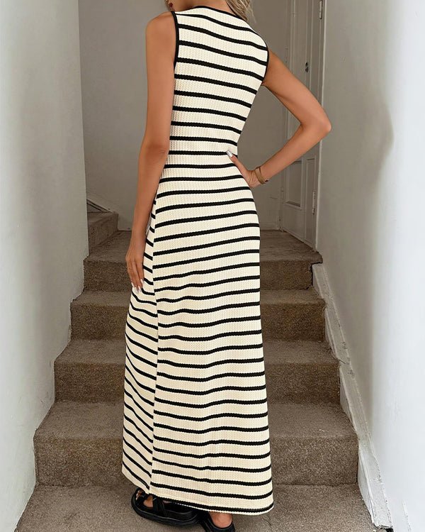 Curvvvy® French Striped Sleeveless Knit Button-Down Maxi Dress