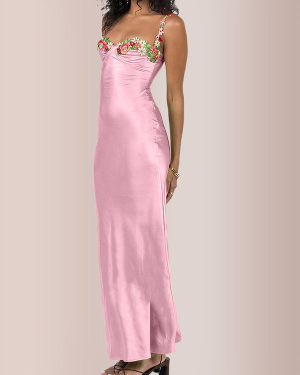 Curvvvy® Floral Embroidered Satin Slip Maxi Dress
