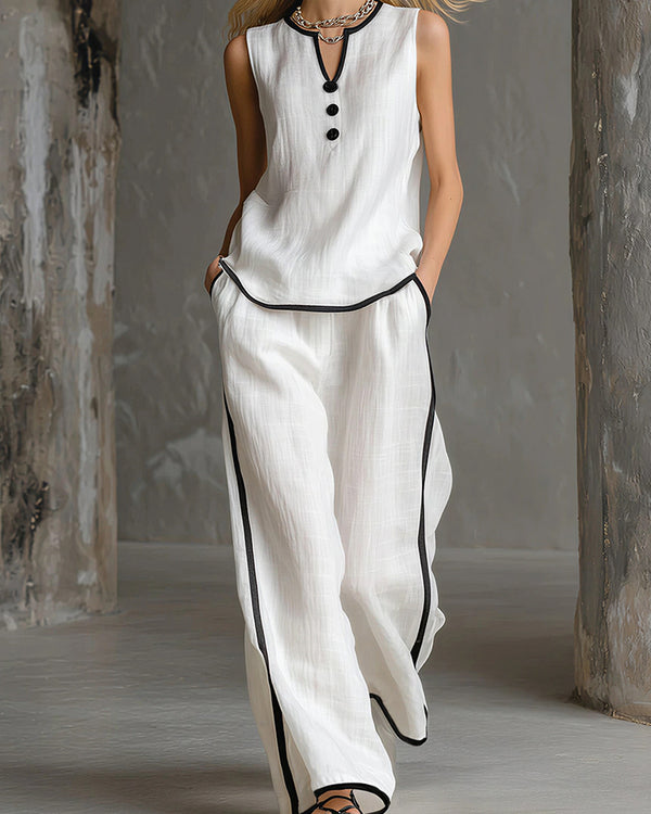 Curvvvy® Contrast Edge Sleeveless V-Neck Top & Wide-Leg Pants Set