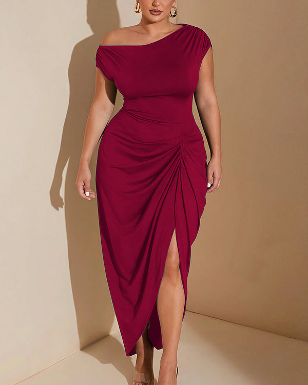 Curvvvy® Asymmetrical Ruched Slit Bodycon Maxi Dress Plus Size