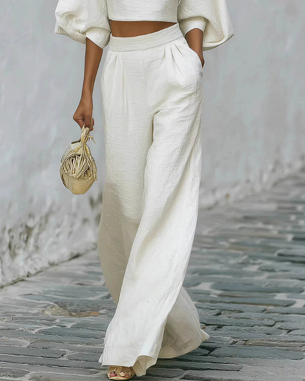 Curvvvy® Textured Two-Piece Set: Puff Sleeve Crop Top & Wide Leg Pants