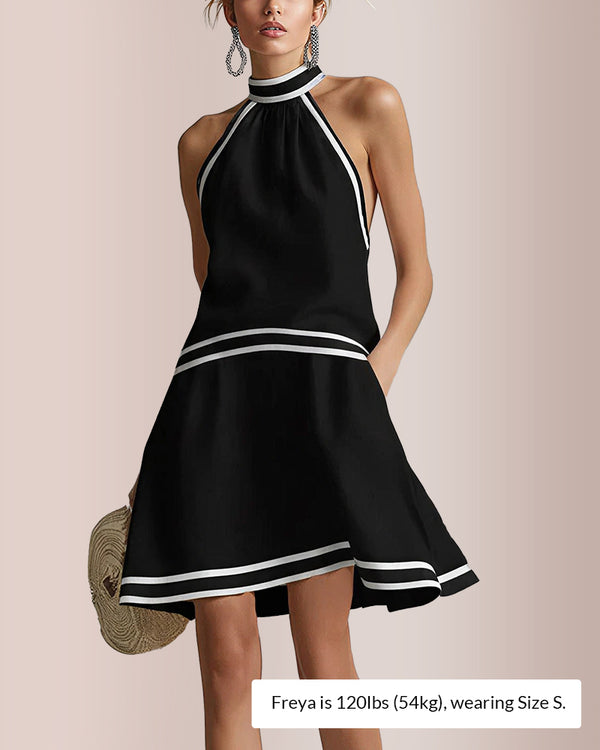 Curvvvy® Halter Neck Sleeveless Striped Trim A-Line Mini Dress