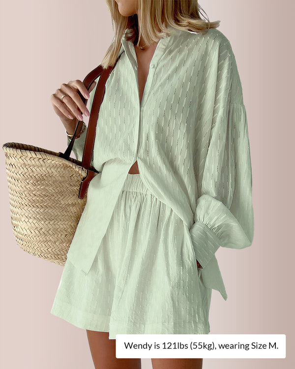 Curvvvy® Effortless Textured Puff Sleeve Shirt & Shorts Lounge Set