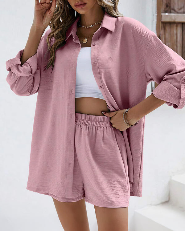 Curvvvy® Long Sleeve Button-Down Shirt & High Waist Shorts Casual 2-Piece Set
