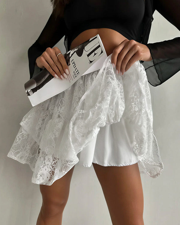 Curvvvy® Coquette Floral Lace Tiered Mini Skirt