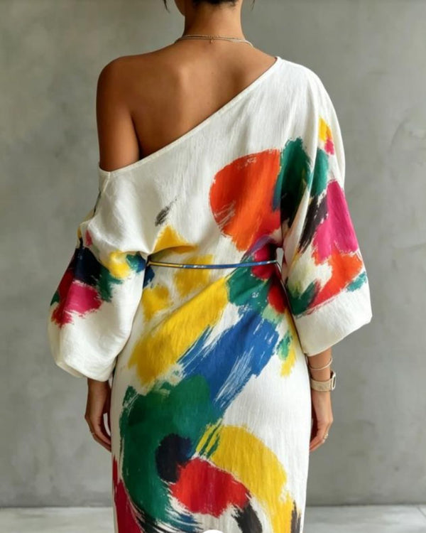 Curvvvy® One-Shoulder Abstract Print Maxi Dress