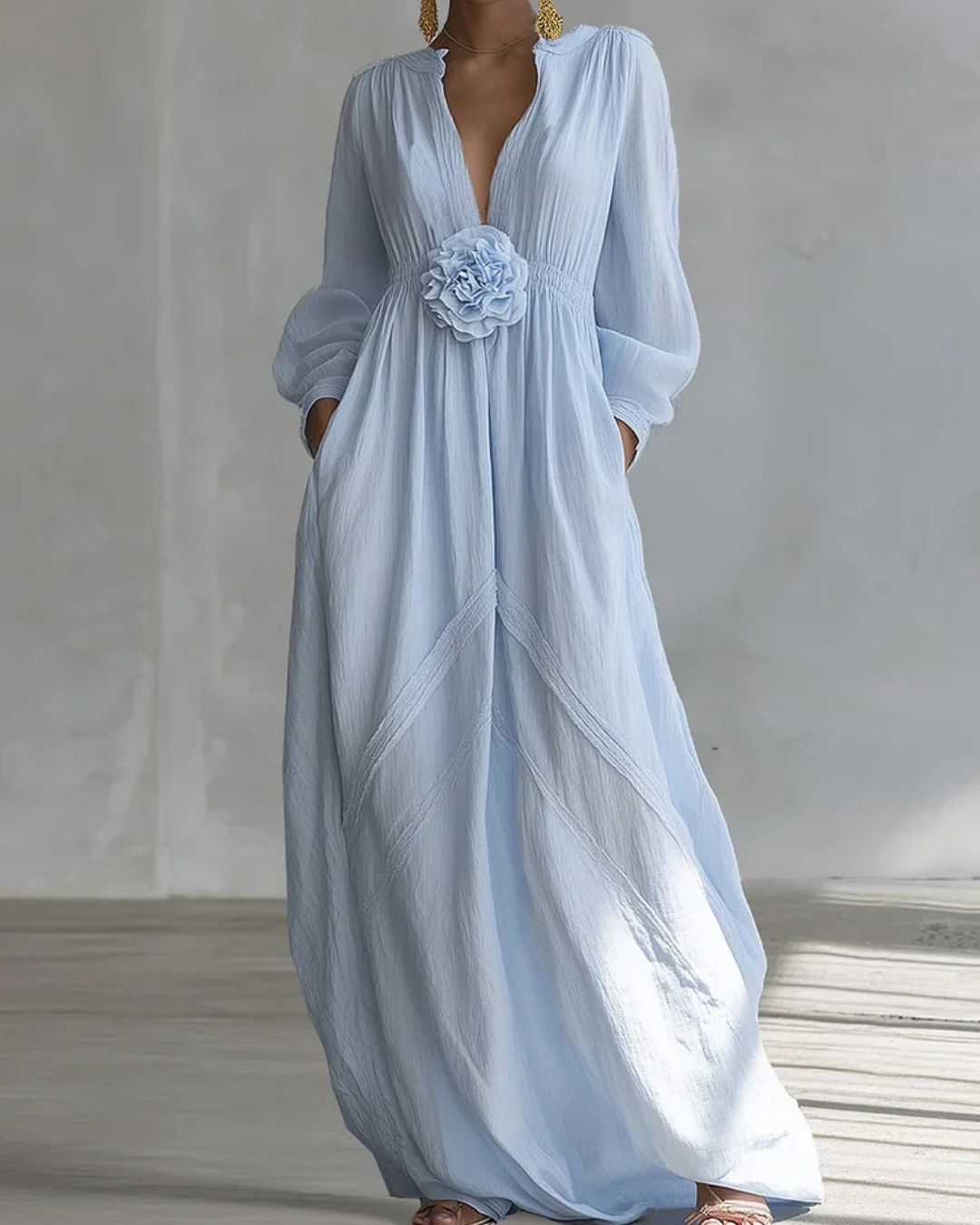 Curvvvy Deep V-neck Three-dimensional Floral Maxi Dress Blue / 3XL