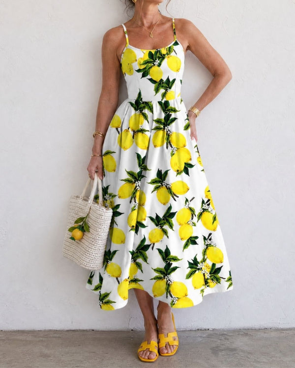 Curvvvy™ Lemon Print Sleeveless Midi Dress