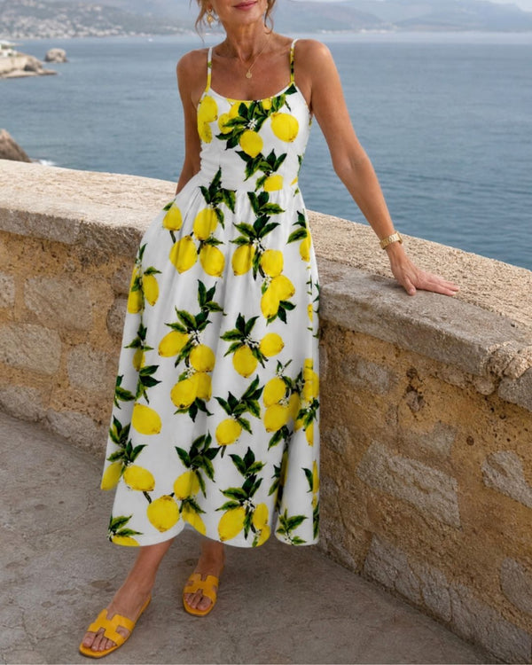 Curvvvy™ Lemon Print Sleeveless Midi Dress