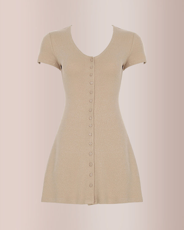 Curvvvy® French Effortless Deep-V Button Knit Mini Dress