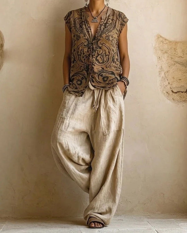 Curvvvy® Boho Three-Piece Outfit Printed Top Wide Leg Pants