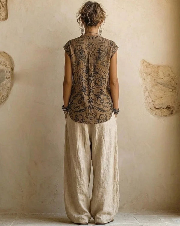 Curvvvy® Boho Three-Piece Outfit Printed Top Wide Leg Pants