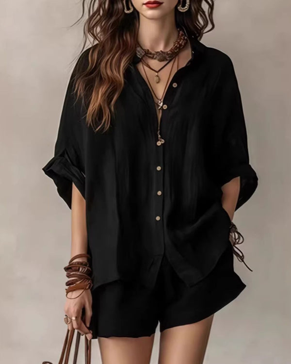 Curvvvy® Button-Up Shirt and Wide Leg Shorts Vacation Outfit