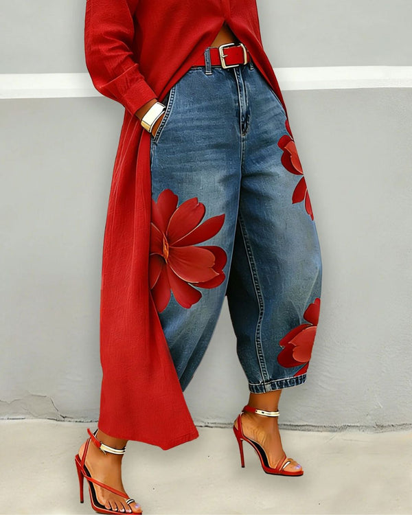Curvvvy® Floral Loose-fitting Casual Pockets Wide-leg Jeans