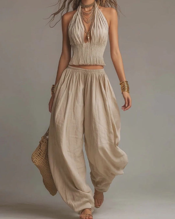 Curvvvy® Casual Backless Craft Halter Closure Wide Leg Pants Set