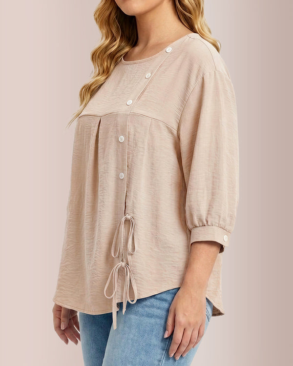 Curvvvy® Textured Button-Detail Drawstring Blouse