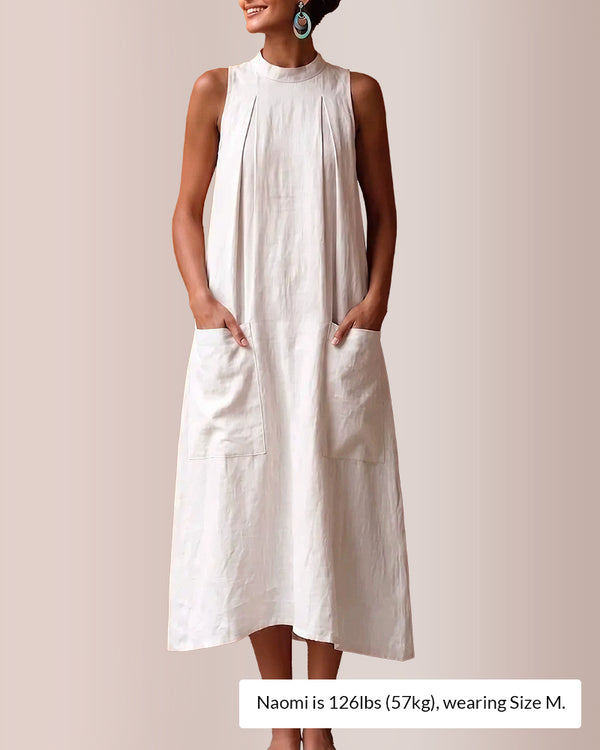 Curvvvy™ Sleeveless Stand Collar Linen Midi Dress with Pockets