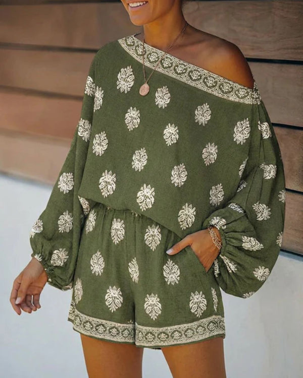 Curvvvy™ Boho Skew Neck Lantern Vacation Set Casual Vintage Baroque Print