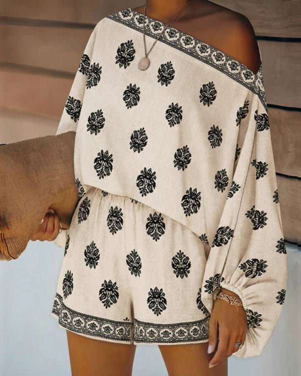 Curvvvy™ Boho Skew Neck Lantern Vacation Set Casual Vintage Baroque Print