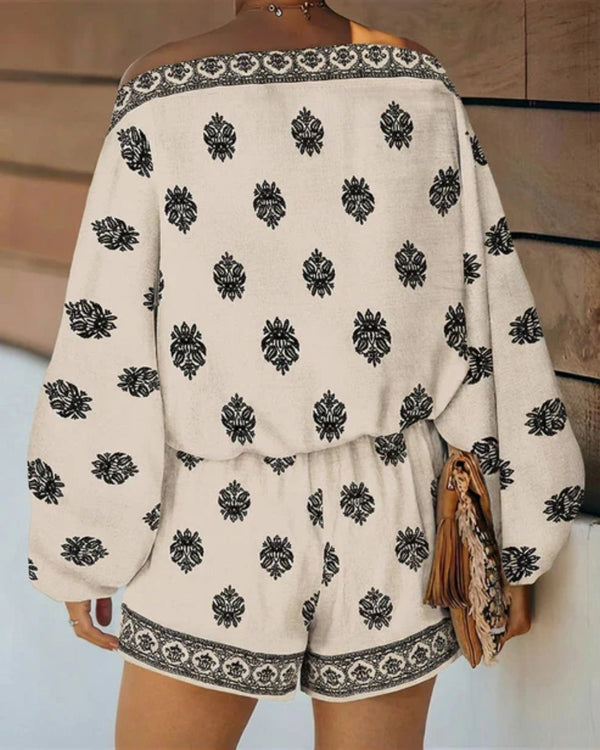 Curvvvy™ Boho Skew Neck Lantern Vacation Set Casual Vintage Baroque Print