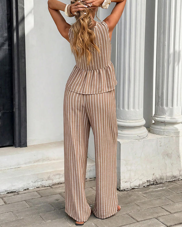 Curvvvy™ Striped V-Neck Peplum & Wide Leg Pants Two-Piece Set