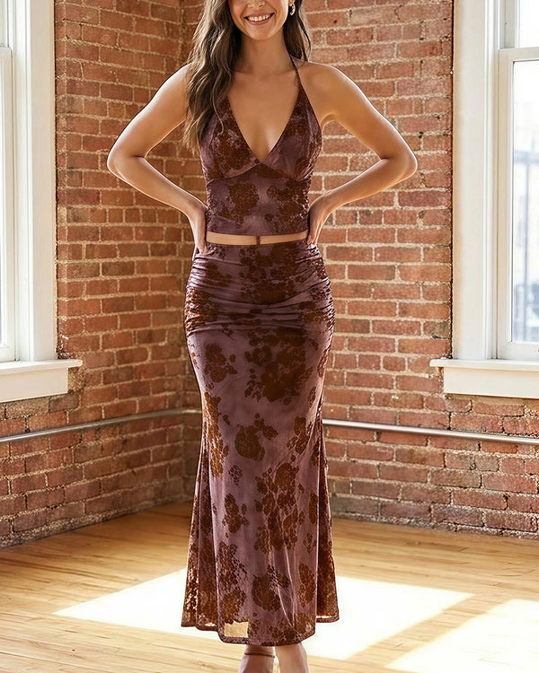 Curvvvy™ Floral Halter Tie Crop Top & Ruched Midi Skirt Two-Piece Set