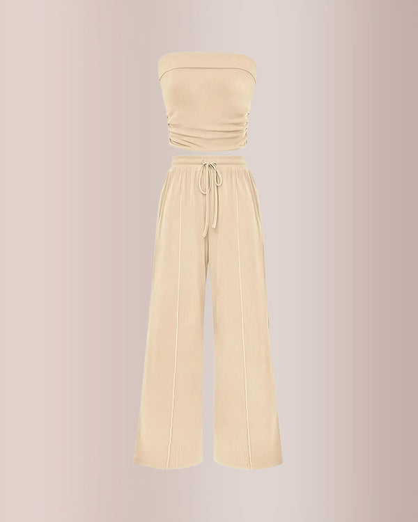 Curvvvy™ Ribbed Strapless Tube Top & Wide Leg Pants Two-Piece Set