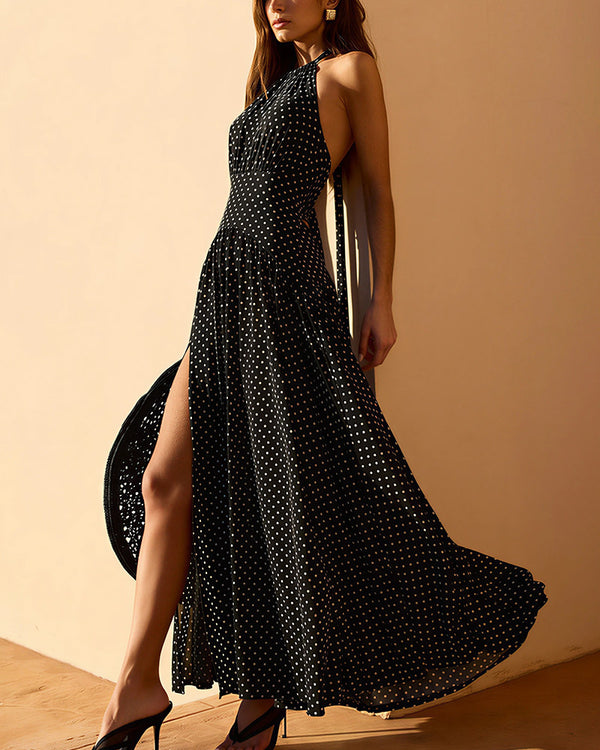 Curvvvy™ Dot Halter Neck Backless Maxi Dress with Slit